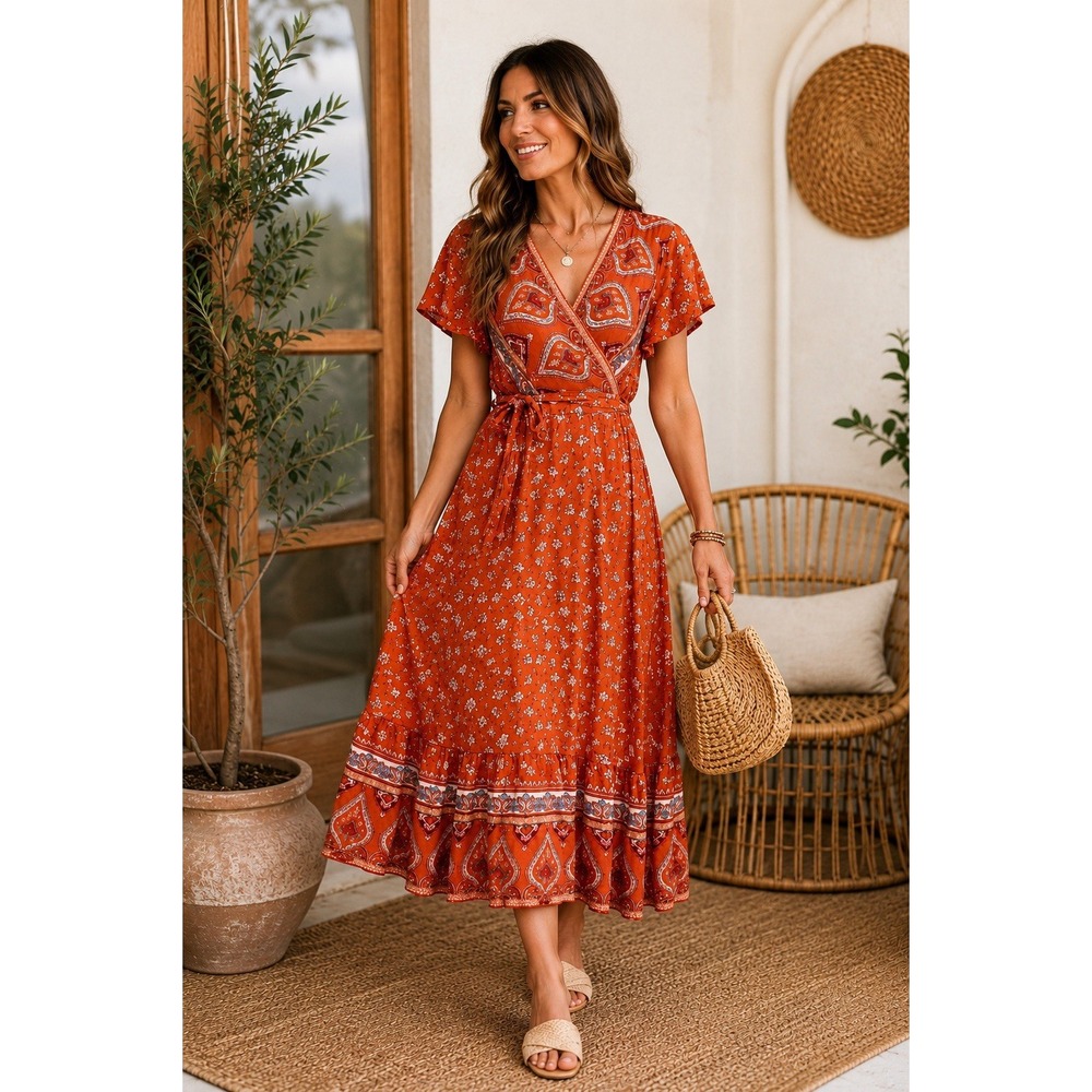 Boho Paisley Floral Wrap Dress M Midi Tie Waist Festival Cottagecore Summer‎